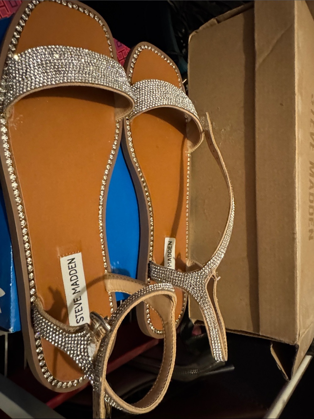 Steve Madden Rose Gold Rhinestone T-Strap Flat Sandals